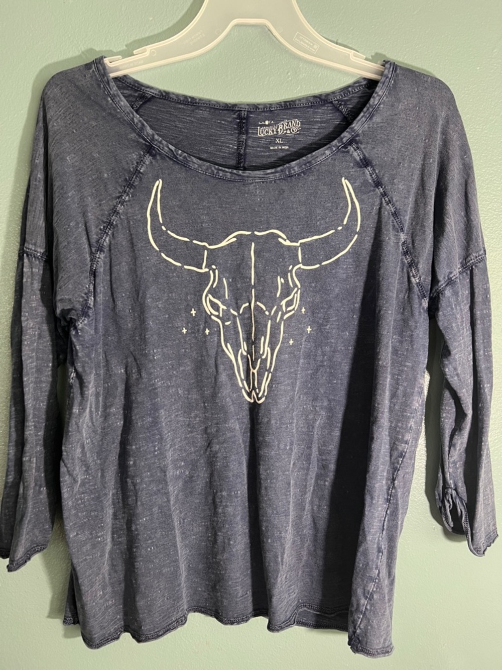 Lucky Brand Navy Blue Long Sleeve Tee with Bull Skull Graphic